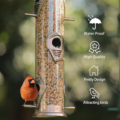 MIXXIDEA 2PK Metal Bird Feeders with 6 Feeding Ports,Tube Bird Feeder with Steel Hanger,Wild Bird Feeder for Outdoors Hanging, Attracting Birds in Your Lawn, Garden, Balcony (Antique Copper)