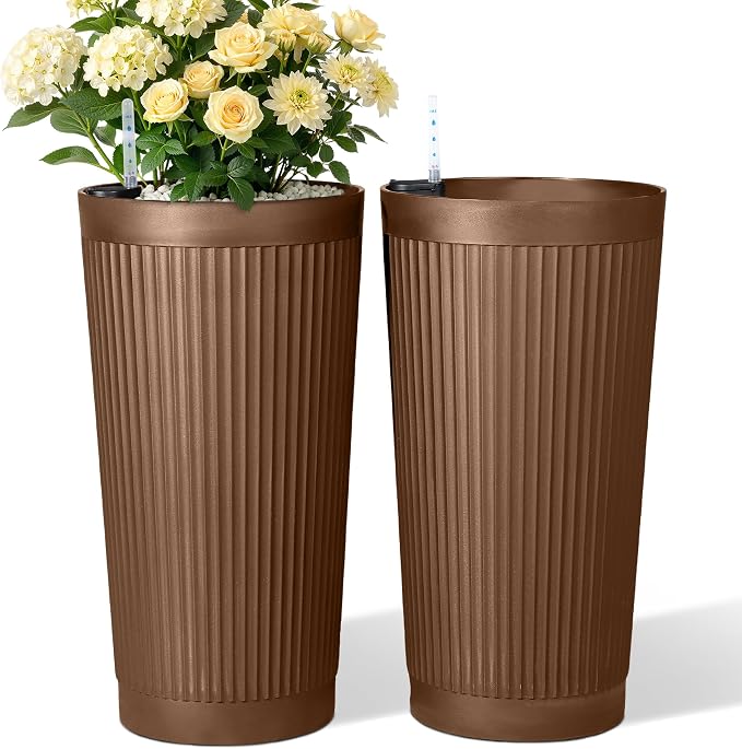 TUYOHW Set of 2 Large Round Tall Planter for Indoor or Outdoor 24" Flower Pots for Porch, Patio, Backyard, Large Planters for Outdoor Indoor Plants