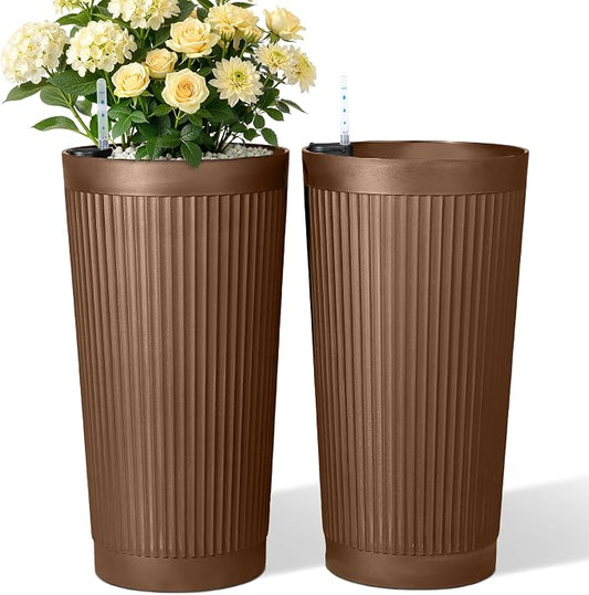 TUYOHW Set of 2 Large Round Tall Planter for Indoor or Outdoor 24" Flower Pots for Porch, Patio, Backyard, Large Planters for Outdoor Indoor Plants