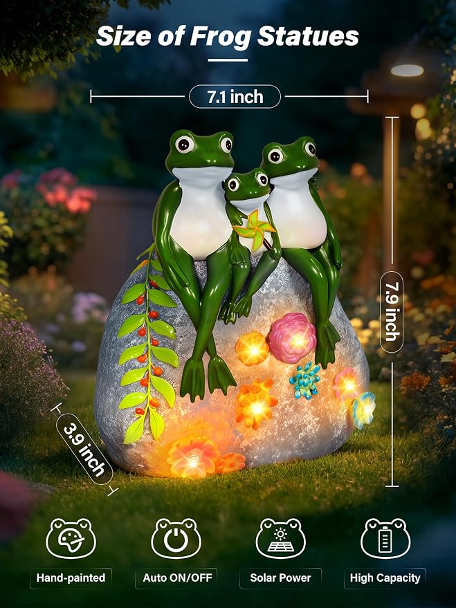 Guhope Solar Garden Statues, Outdoor Frog Decor with Succulent and 6 LED Lights, Outside Yard Figurine Decor for Garden, Lawn, Patio, Balcony, Porch, Unique Gifts for Mom Grandma