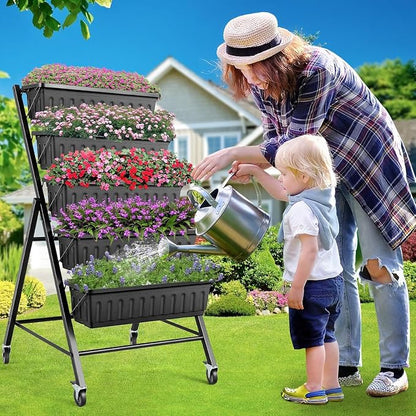 Suyncll 2 Pack Vertical Raised Garden Bed, 5 Tiers Elevated Planter Box with Drainage System and 4 Hooks, 4FT Vertical Planter for Herbs Vegetables Flowers (Black with 4 Wheels)