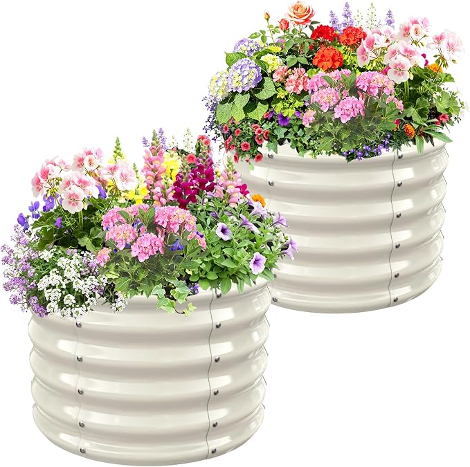24" Diameter Round Raised Garden Bed - 17 Inch Tall, Heavy-Duty Galvanized Steel Planter Box with Wave-Shaped Panels for Vegetables, Herbs & Flowers (2, White, 24 Inch Diameter)