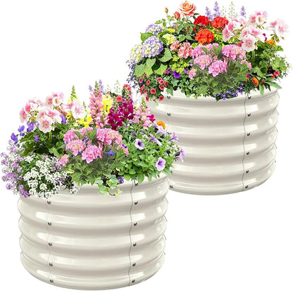 24" Diameter Round Raised Garden Bed - 17 Inch Tall, Heavy-Duty Galvanized Steel Planter Box with Wave-Shaped Panels for Vegetables, Herbs & Flowers (2, White, 24 Inch Diameter)