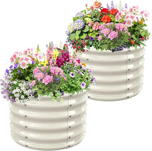 24" Diameter Round Raised Garden Bed - 17 Inch Tall, Heavy-Duty Galvanized Steel Planter Box with Wave-Shaped Panels for Vegetables, Herbs & Flowers (2, White, 24 Inch Diameter)