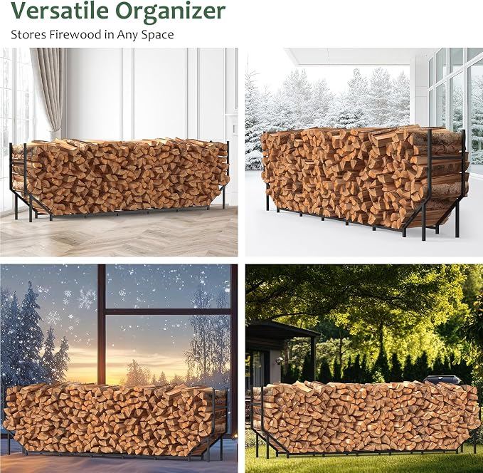 CADUKE 8.2ft Firewood Rack Outdoor & Indoor, Heavy Duty Metal Log Holder Storage Stand, 1/2 Cord Wood Rack Stacker with 1000lbs Capacity, Fire Wood Racks with16 Support Legs, for Patio Deck, Black