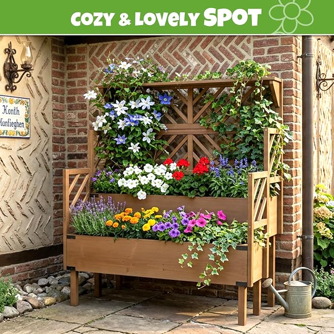 Raised Garden Bed with Trellis & 2 Planter Boxes, Elevated Planter Box with Drainage Slits Liner & Top Shelf, for Climbing Plants, Flowers, Vegetables, Herbs, Backyard Balcony Patio
