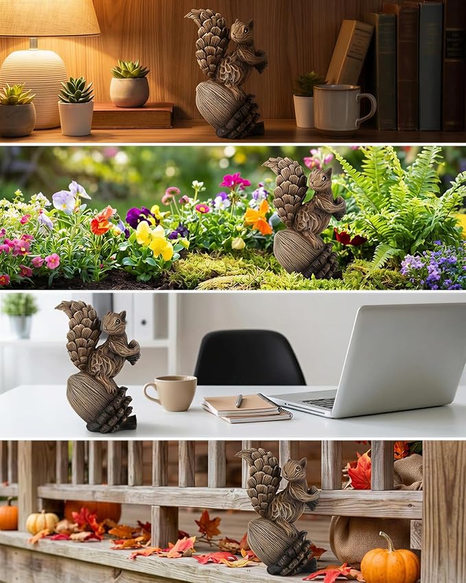 iStatue Handmade Resin Squirrel on Acorn Statue Miniature Garden Figurines – 6.5 Inch Nature-Inspired Woodland Animal Decor for Home, Garden, Patio or Shelf – Rustic Farmhouse Accent (Medium)