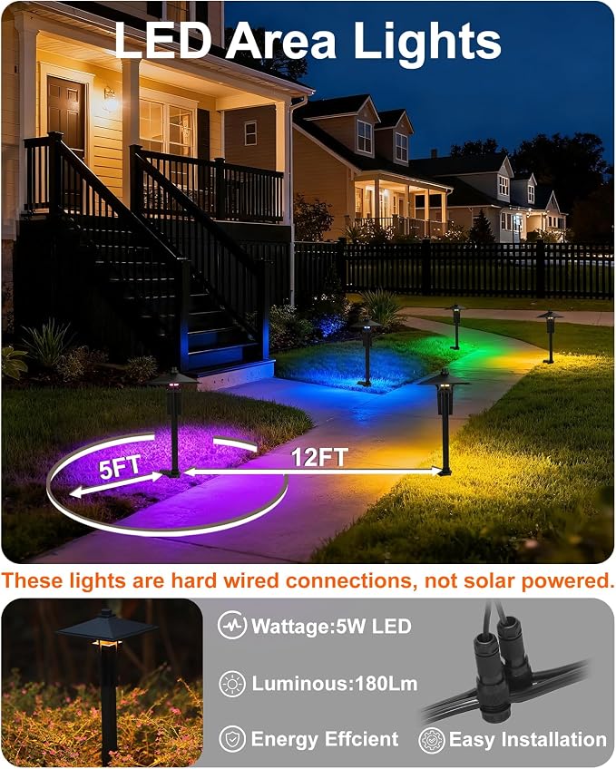 Outdoor RGB Pathway Lights Low Voltage for Christmas Decorations | 5W 12V Wired Color Changing Low Voltage Landscape Lighting for Path Sidewalk Driveway Lawn of Christmas, Aluminum, Black, 1PK