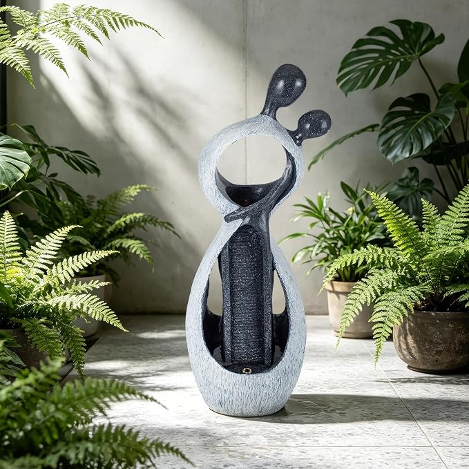 39.8" H Large Outdoor Water Fountain, Floor Garden Waterfall Feature, Modern Abstract Couple Resin Statue with LED Light, Fountain for Porch Yard Backyard Patio, Living Room Decor