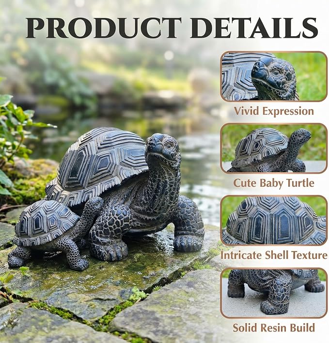 2 Pcs Turtle Outdoor Statue, Tortoise Garden Figurine, Resin Garden Turtles Outdoor Decor for Patio, Lawn, Yard, Pond, Housewarming Mom Gifts