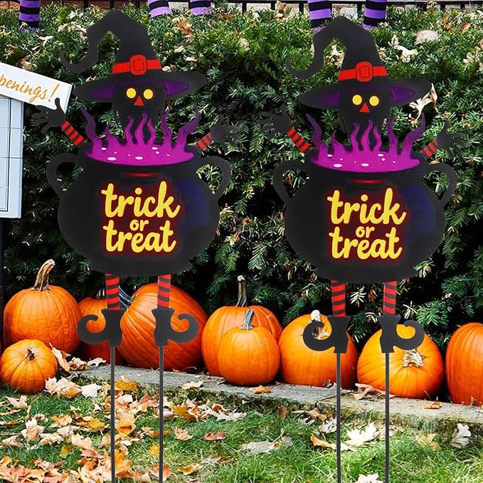 Witch Halloween Decorations Cauldron 39.7 inch with Trick or Treat Sign, Large Halloween Yard Stakes Metal for Garden, Lawn, and Outdoor Spooky Yard Decorations