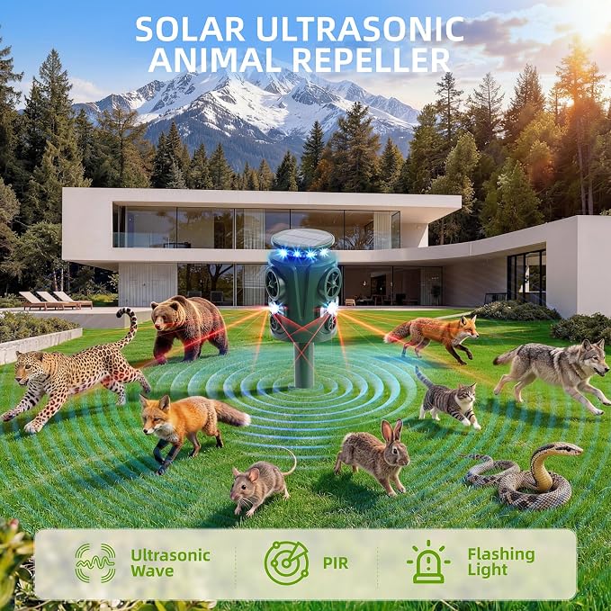 Solar Ultrasonic Animal Repeller Outdoor: 360° Motion Activated Animal Deterrent, Solar Powered Dog Cat Raccoon Deer Squirrel Repellent, Waterproof IP66 PIR Sensor for Yard Garden Farm