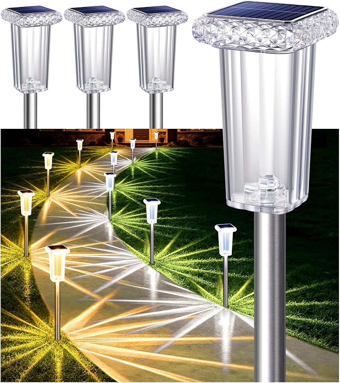 DenicMic Solar Pathway Lights Outdoor Waterproof 4 Pack 10 Lighting Mode | 3000K/4000K/6000K Fix Color Changing LED Acrylic Stainless Steel Crystal Style Star Pattern Yard Garden Landscape Path Lights
