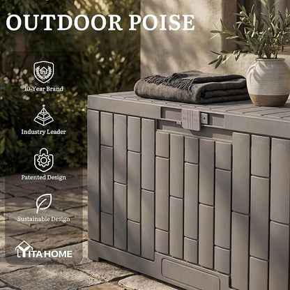 YITAHOME 60 Gallon Outdoor Storage Box | Waterproof Resin Deck Box with Slide-Locking Lid, Patio Storage Bin and Bench Seat for Patio Furniture, Garden Tools and Pool
