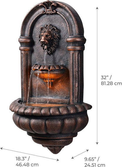 Teamson Home 32.1 in. Wall-Mounted Lion Head Stone LED Outdoor Water Fountain for Gardens, Landscaping, Patios, Balconies, Lawns to Create a Calming Oasis in Outdoor Living Spaces, Antique Bronze | Lion Head, Tiered Water Feature, LED Light, For Garden...