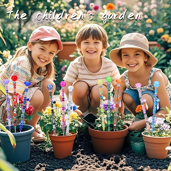 AIPRIDY DIY Crystal Beaded Fairy Wand Garden Stakes Kit, Colorful Decorative Wands with Assembly Guide, 12 or 10 Inch Threaded Rods,Outdoor Garden Decoration Set (390, Rainbow+Mixed Top)