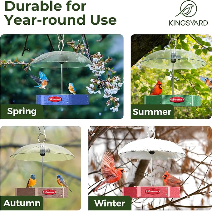 Kingsyard Large Platform Bird Feeder Outdoor Hanging, Adjustable Dome Squirrel Proof Rain Cover, Metal Mesh Tray Recycled Plastic Wild Bird Seed Feeding Station, Brown
