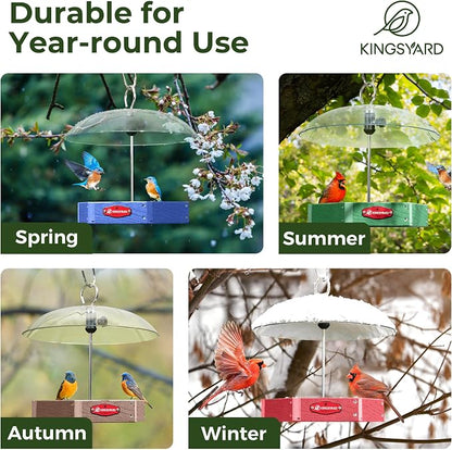 Kingsyard Large Platform Bird Feeder Outdoor Hanging, Adjustable Dome Squirrel Proof Rain Cover, Metal Mesh Tray Recycled Plastic Wild Bird Seed Feeding Station, Brown
