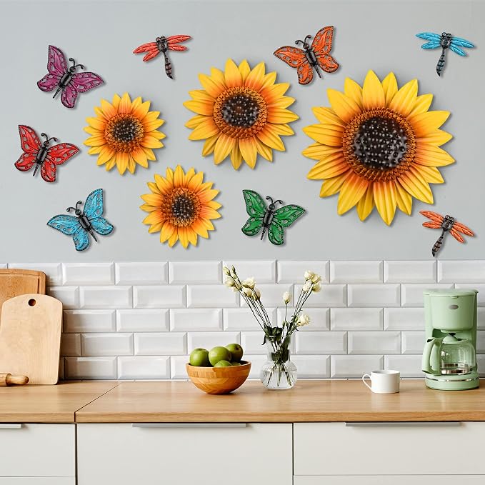 Sweetude 12 Pcs Metal Sunflower Wall Decor with Colorful Dragonfly and Butterfly Decor Flowers Wall Art Metal Yellow Summer Flowers Hanging for Garden Fence Patio Yard Outdoor Porch Home