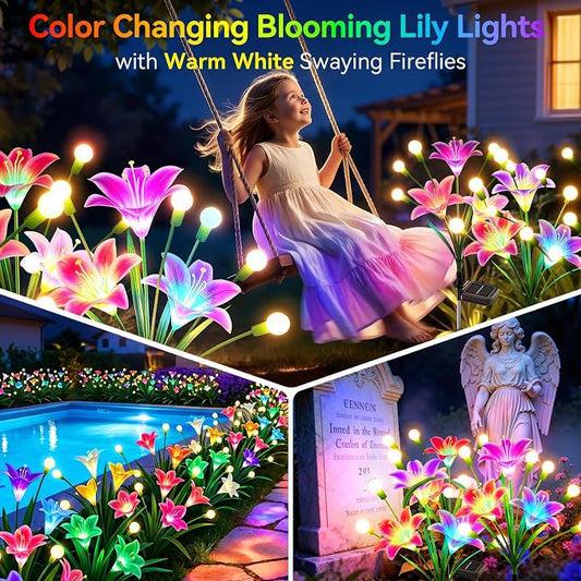 Solar Garden Lights Outdoor Flower Light 8 Pack: 48 Solar Firefly Lights with 24 Head 7-Color Changing Lily, Waterproof Decorative Light for Yard Patio Flower Bed, Gifts for Women