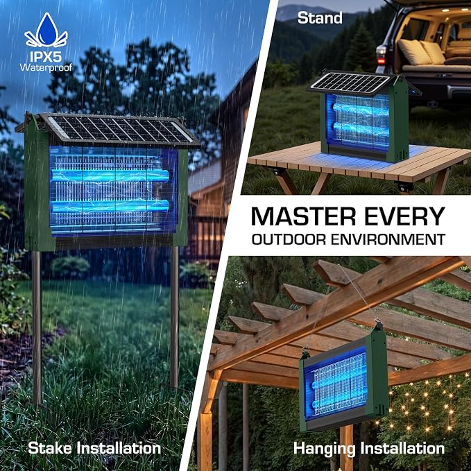 Solar Bug Zapper Outdoor with Dual Solar Panels, PhatroyYee 4500V Cordless Waterproof Mosquito Zapper, Auto On/Off, USB-C & Solar Powered Electric Fly Zapper Trap Killer for Patio Backyard RV Camping