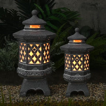 TERESA'S COLLECTIONS Pagoda Garden Statues with Solar Outdoor Light, Resin Zen Garden Lantern Asian Decor Outdoor Statues Lawn Ornaments Patio Porch Yard Decor Gifts for Mom 8.3''