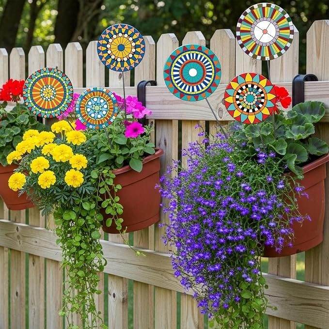 RattanView 6 Pcs Metal Flowers Garden Stake Decor for Outside 11.8 Inch Mandala Flowers Decorative Stakes Yard Decorations Outdoor Yard Art Garden Decorations for Lawn Porch Pathway Patio