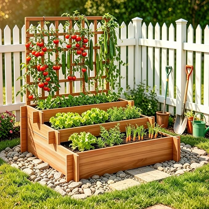 43" 3-Tier Fir Wood Raised Garden Bed with Trellis for Vegetables | Fir wood raised bed with trellis, non-woven liners, and 3 growing tiers for climbing veggies, herbs, flowers, or vines
