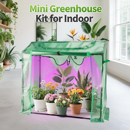 Mini Greenhouse with LED Grow Light & Timer, 36"×20"×33" Portable PE Plant Tent for Indoor Seed Starting, Balcony, Garage & Small Space Gardening