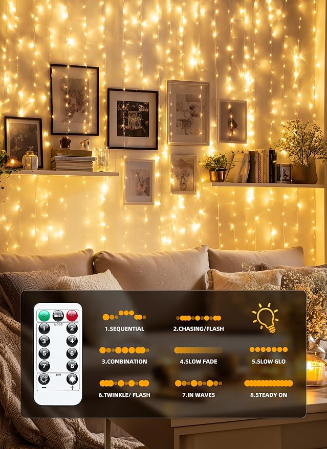 Brightown 2 Pack 300 LED Fairy Curtain Lights, 9.8ft x 9.8ft String Lights | USB Plug in 8 Lighting Modes Christmas String Hanging Lights with Remote for Bedroom Indoor Outdoor Party Xmas Warm White