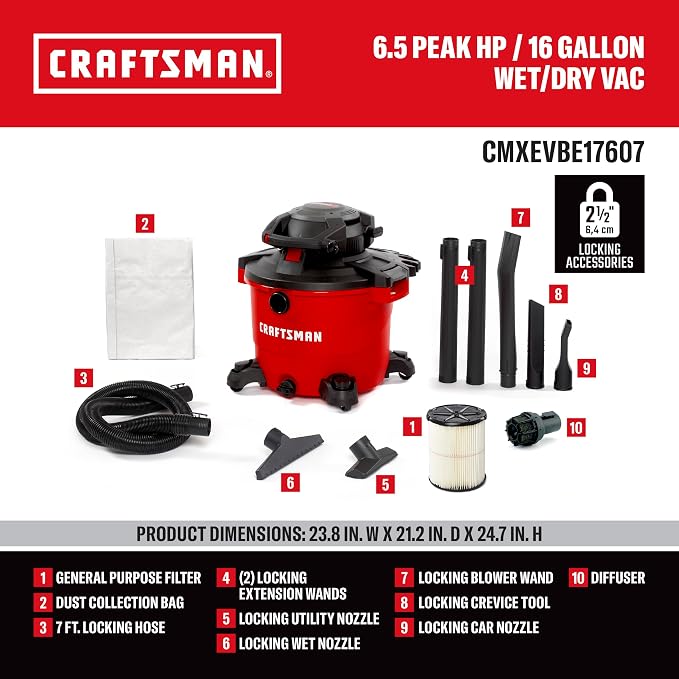 CRAFTSMAN CMXEVBE17607 16 Gal. 6.5 Peak HP Wet Dry Vac with Detach Blower | Portable Shop Vacuum Wet and Dry with Filter, Dust Bag, Hose and Attachments for Garage, Outdoor Cleaning