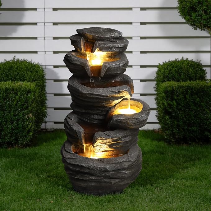 25.6" Outdoor Waterfall Fountain,Small Outdoor Fountain with LED Lights, Cascading Rock Design Garden Water Feature, freestanding Resin Fountain for Patio Backyard Porch Decor