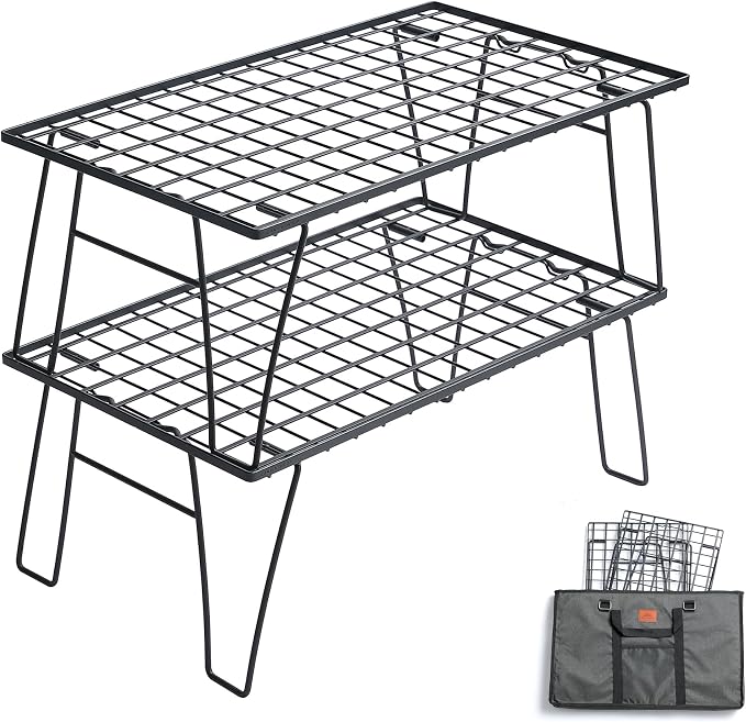 CAMPINGMOON Camping Mesh Rack 2 Pack Folding Camp Storage Shelf Lightweight Portable Black Steel Outdoor Kitchen Gear Organizer Carry Bag Included T-235-2T
