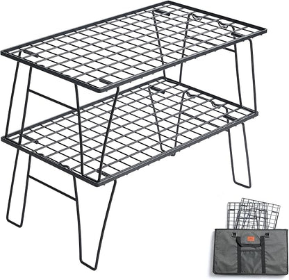 CAMPINGMOON Camping Mesh Rack 2 Pack Folding Camp Storage Shelf Lightweight Portable Black Steel Outdoor Kitchen Gear Organizer Carry Bag Included T-235-2T