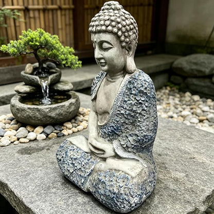 Large 16" Meditating Buddha Statue with Blue Accents, Weatherproof Resin Sculpture for Outdoor Patio Yard Zen Decor, Feng Shui Mindfulness Ornament, Housewarming Spiritual Gift