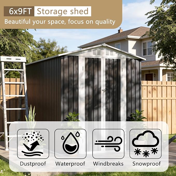 YOPTO 9x6 FT Metal Storage Shed,Lockable Outdoor Tool Shed W/Air Vent | Lockable Hinged Door,Reinforce Frame,Sloped Roof,for Patio,Garden,Backyard,Lawn,Grey