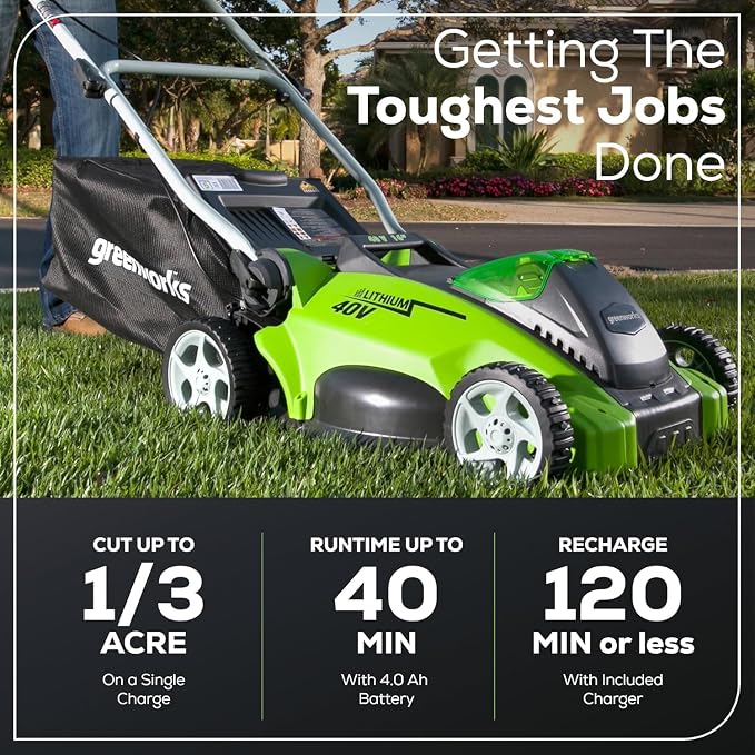 Greenworks 40V 16" (Push) Cordless Lawn Mower (1/3 Acre) + 12" String Trimmer + Leaf Blower, 4.0Ah + 2.0Ah Batteries and (2) Chargers Included
