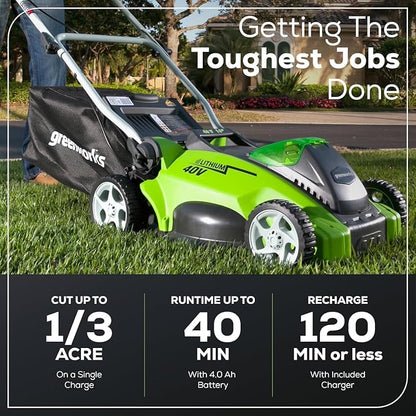 Greenworks 40V 16" (Push) Cordless Lawn Mower (1/3 Acre) + 12" String Trimmer + Leaf Blower, 4.0Ah + 2.0Ah Batteries and (2) Chargers Included