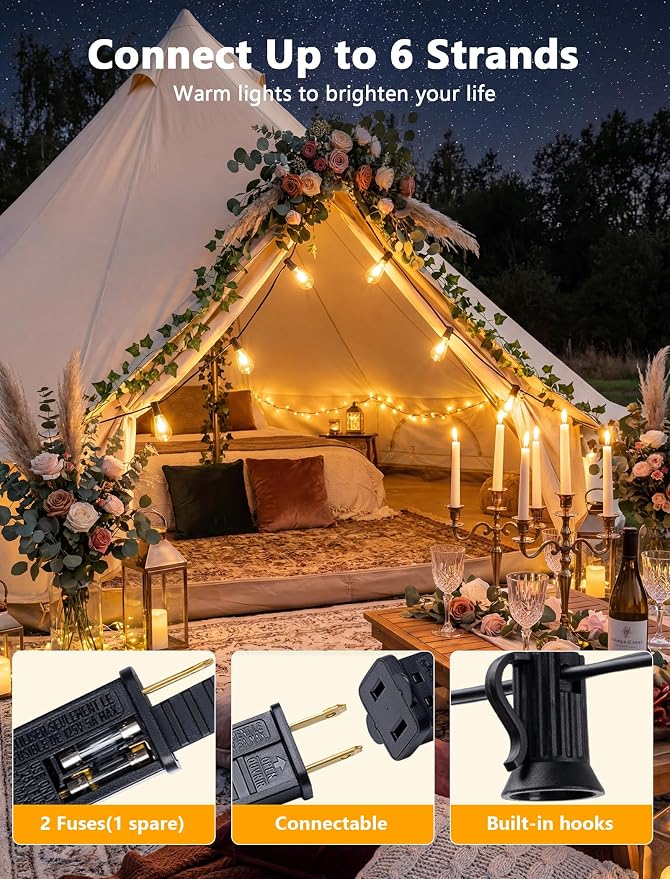 10FT ST38 Outdoor Edison String Lights with11 Clear Vintage Light Bulbs | Clear Glass ST38 Bulbs, Warm Vintage Glow, E12 base, UL-listed cord and End-to-End Connection for Porch Patio Decor