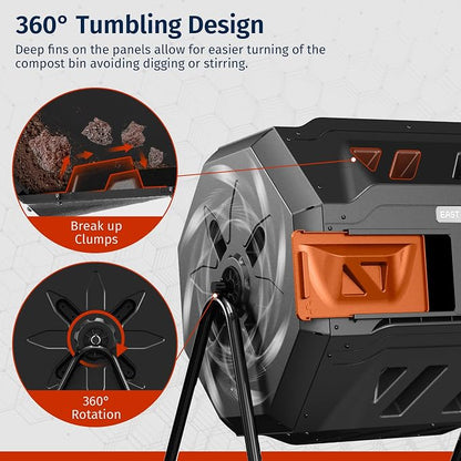 East Oak Compost Tumbler Outdoor, 43-Gallon Tumbling Compost Bin with 2 Sliding Orange Doors & Aeration System, Tumbling Rotating Composter Bin for Kitchen, Garden, Yard,