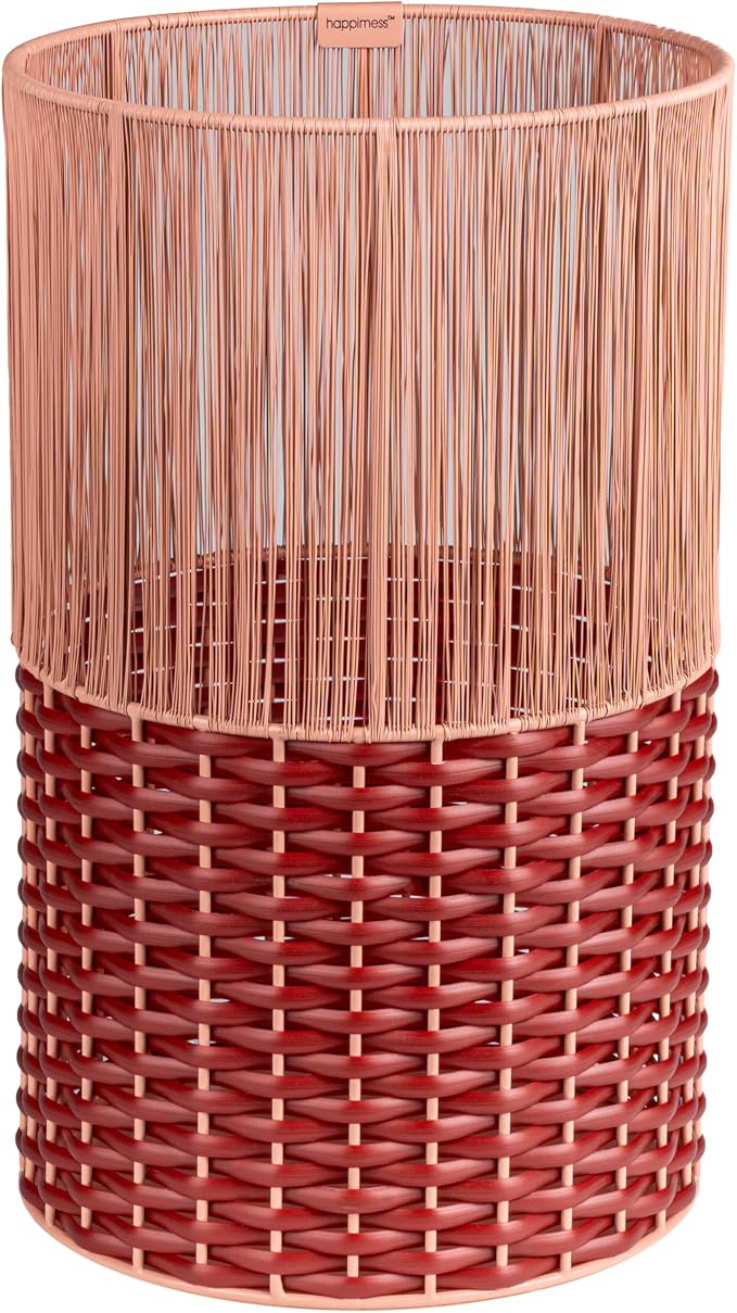 happimess HPM1101C Harper Modern 4.13-Gallon 2-Tone Faux Wicker Cylinder Waste Basket, Pink/Red for Home, Bathroom, Living Room, Office, Bedroom, Kitchen