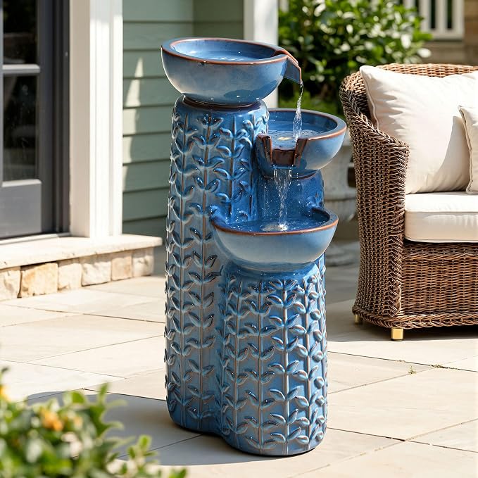 28" H Ceramic Outdoor Water Fountain with LED Lights, 3-Tier Cascading Bowls Water Feature, Tranquil Waterfall for Relaxing Garden, Patio, Yard, or Porch, Turquoise, Embossed Leaf Patterns