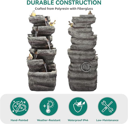 39.4" Stacked Rock Outdoor Fountain LED 6-Tier Bird Waterfall | hand-carved stone with birds, garden patio porch backyard