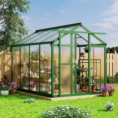 6x8 FT Greenhouse - Large Aluminum Greenhouses for Outdoors | Walk-in Polycarbonate Greenhouse with Roof Vent & Ground Nails, Heavy Duty Green Houses for Garden, Backyard, Patio