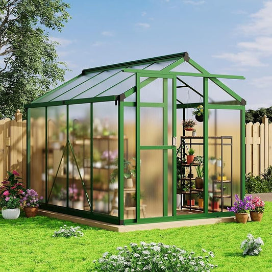6x8 FT Greenhouse - Large Aluminum Greenhouses for Outdoors | Walk-in Polycarbonate Greenhouse with Roof Vent & Ground Nails, Heavy Duty Green Houses for Garden, Backyard, Patio