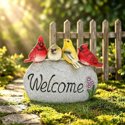 Solar Garden Statues Outdoor Decor, Welcome Sign Garden Sculptures Statue Novelty Birds Figurine Decoration for Patio Yard Porch Art Home Decor or Gifts for Mom Grandma