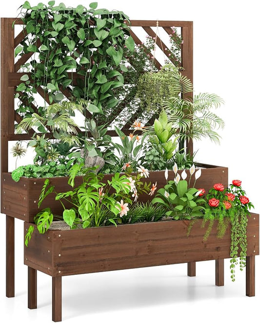 ORALNER Raised Garden Bed with Trellis, 43” x 24.5” x 53” Outdoor 2-Tier Wooden Planter Box with Drainage Holes, Elevated Garden Trellis Planter for Vine Flower Herb Fruit Vegetable (Brown)