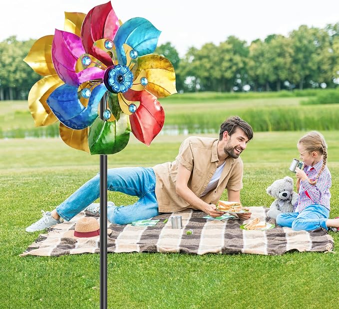 Double Sided Wind Spinner Outdoor Metal Wind Sculpture with Adjustable Height Pole & 5 Prong Base, Rainbow Floral Kinetic Wind Art Decor for Yard Garden Lawn Patio Outside Decoration