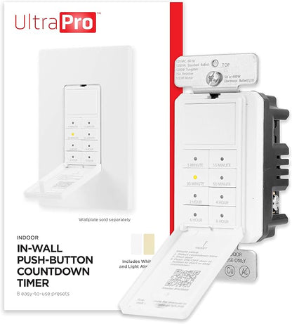 UltraPro Wall Push Timer, 8 Easy-to-Use Preset, Countdown Options, Manual ON/Off Buttons overrides, Indoor or Outdoor Lighting – 40989, 1 Pack, White