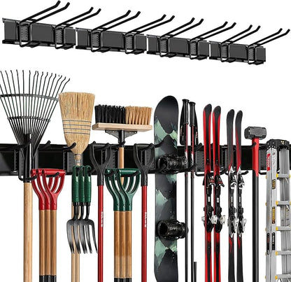TIDYME Garage Wall Organizer | 64" Heavy-Duty Tool Storage Rack | Adjustable Double-Layer Hooks | 400 lbs Capacity | Carbon Steel Wall Mount Holder for Shovels, Rakes, Ladders & Power Tools